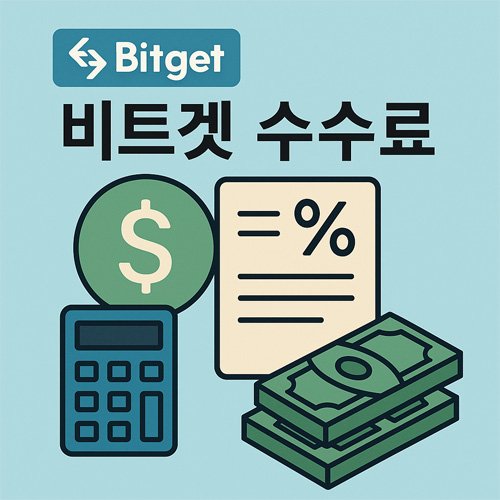 비트겟 수수료를 상징하는 계산기, 달러 아이콘, 퍼센트 문서, 지폐 이미지가 포함된 일러스트