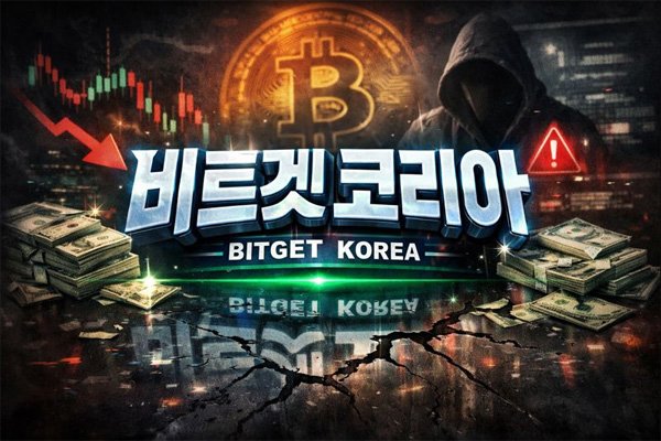 비트겟 코리아라는 텍스트가 중앙에 크게 배치되고, 비트코인 로고와 하락 차트, 경고 아이콘, 어두운 분위기의 인물이 함께 표현된 사기 사이트 경고 콘셉트 이미지