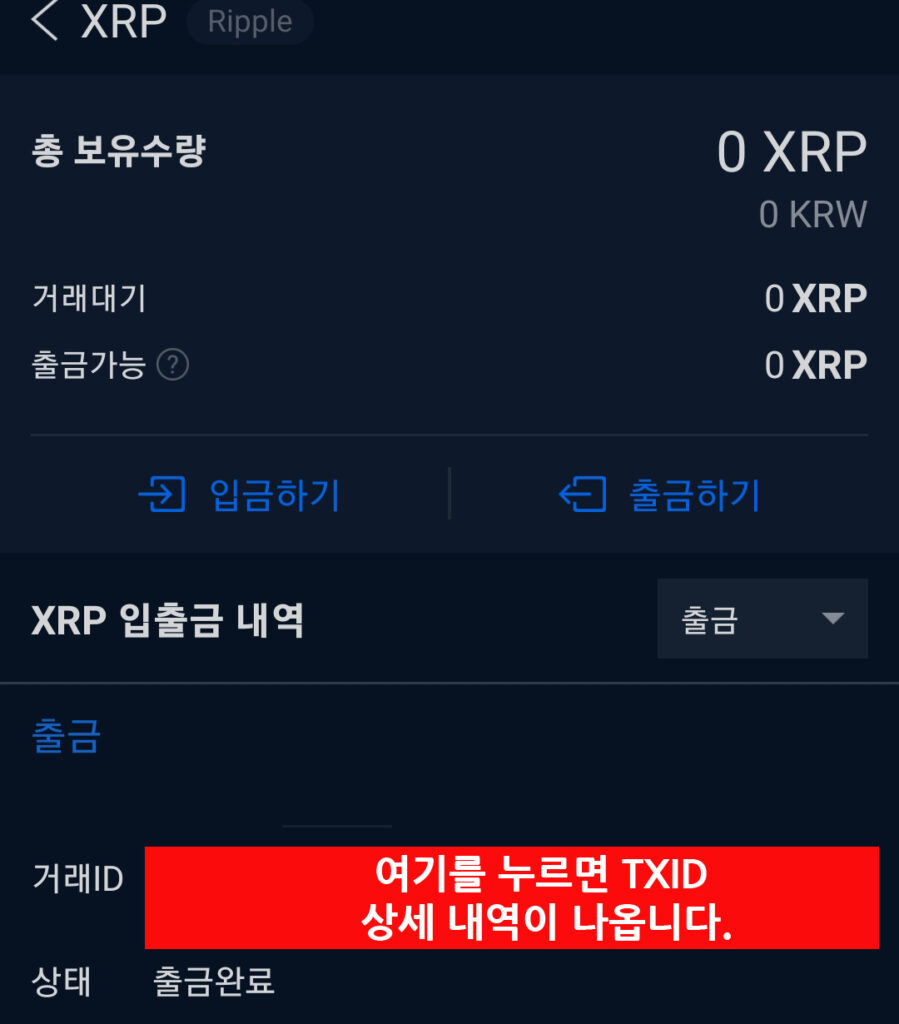 바이비트 오입금 복구를 위한 TXID 확인 방법 — 거래소 출금 내역 화면에서 거래 ID를 눌러 TXID 세부 정보를 확인하는 모습