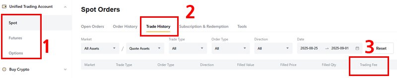 바이비트 Spot Orders 메뉴에서 Trade History를 열어 거래 수수료(Trading Fee)를 확인하는 화면