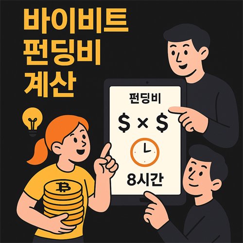 바이비트 펀딩비 계산 과정을 만화 형식으로 설명한 디지털 일러스트