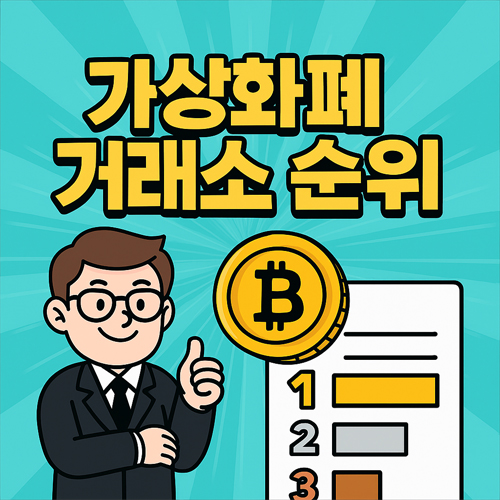 정장을 입은 남성과 비트코인 아이콘, 1~3위 순위를 보여주는 가상화폐 거래소 순위 일러스트 이미지