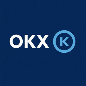 OKX 거래소 스타일을 반영한 2D 일러스트 이미지, 로고 및 색상 중심 디자인