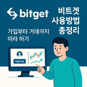 비트겟 사용법을 안내하는 디지털 일러스트레이션 – 초보자 가이드, 거래 화면, 기능 설명 포함