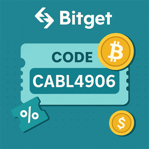 비트겟 레퍼럴 코드 CABL4906을 강조한 할인 쿠폰 스타일 일러스트 이미지, 코인 아이콘 포함
