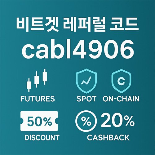 비트겟 레퍼럴 코드 cabl4906 혜택을 강조한 디지털 프로모션 배너 이미지, 할인과 페이백 아이콘 포함