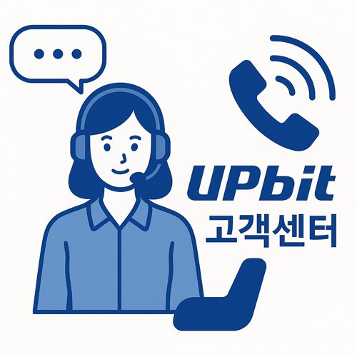 업비트 고객센터를 상징하는 헤드셋 상담원 아이콘과 전화 아이콘이 함께 있는 파란색 일러스트