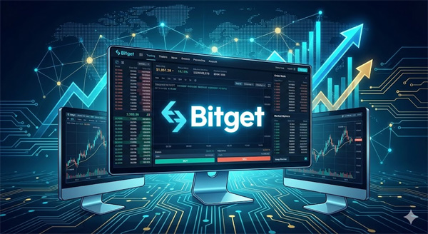 비트겟(Bitget) 거래소 로고와 실시간 선물거래 차트가 표시된 다중 모니터 트레이딩 화면